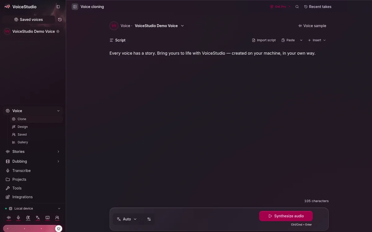 The Voice Clone screen with record and upload paths for creating a voice from a short sample.