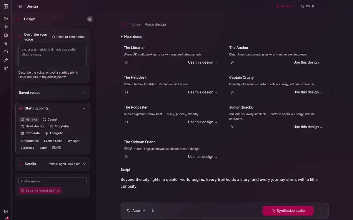 The Voice Design screen where a voice is described in text and generated with style and pitch controls.