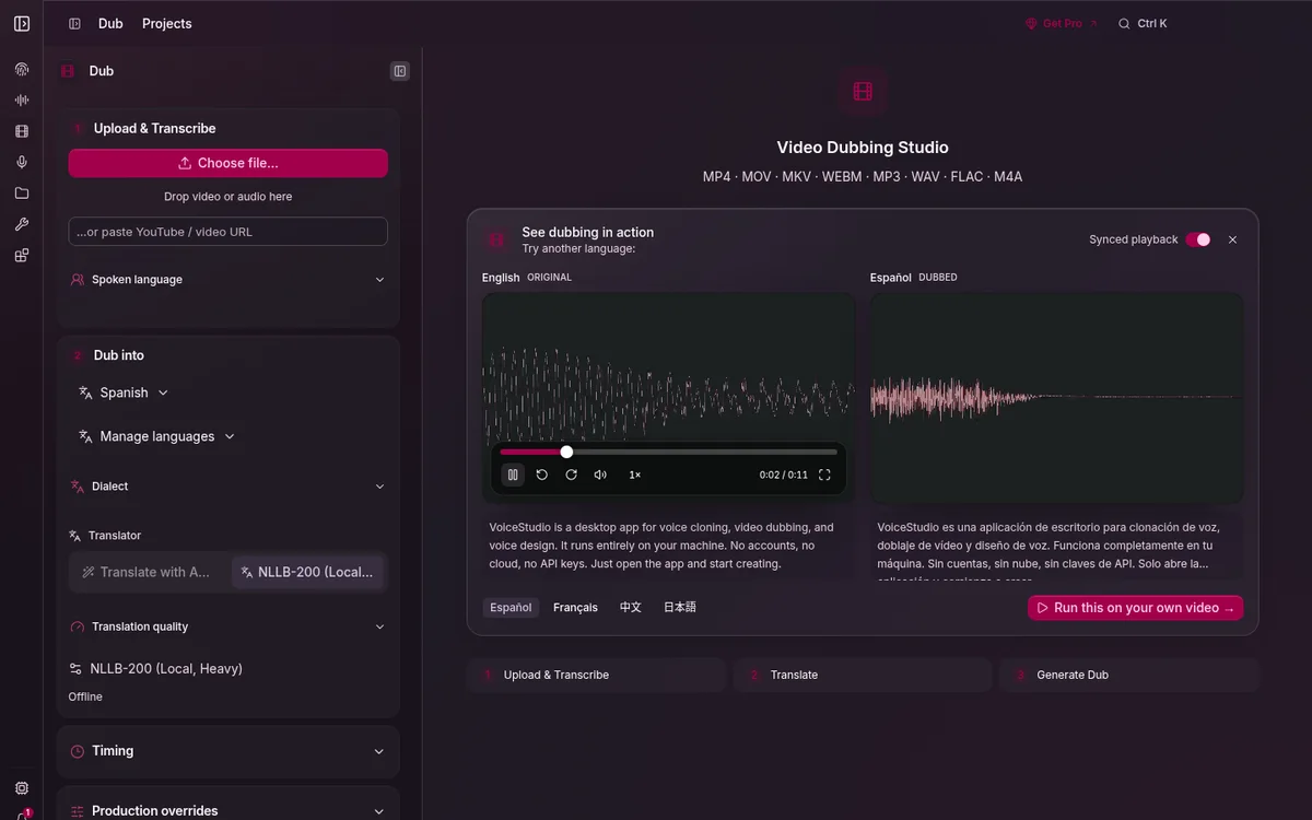 The Dubbing editor with source audio waveform, per-speaker transcript rows, and language columns.