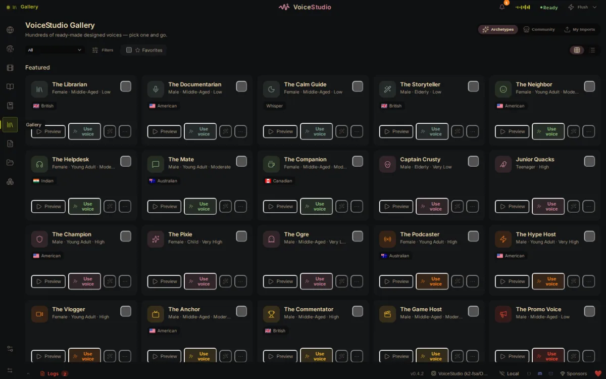 The Voice Gallery with ready-made voice cards, category filters, and per-voice preview and use-voice actions.