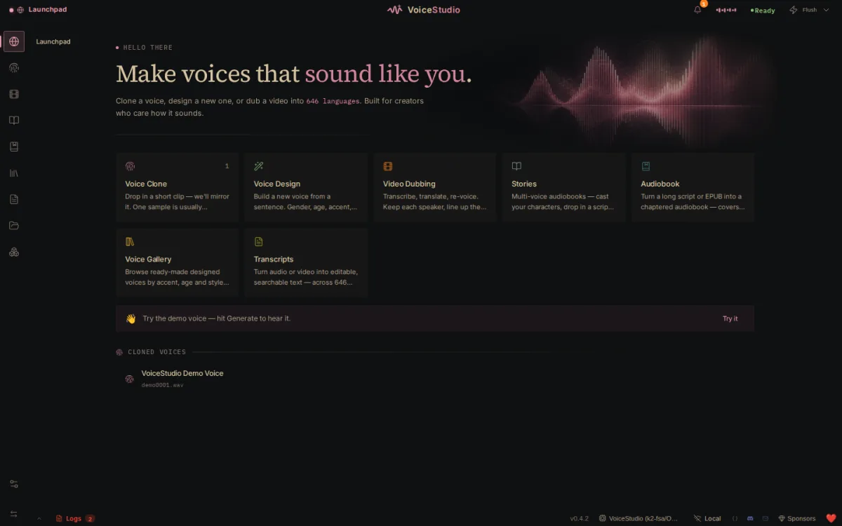 The Launchpad home screen with cards for each workflow: voice clone, voice design, video dubbing, stories, audiobook, voice gallery, and transcripts.