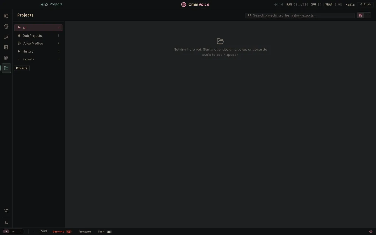 The Projects library where generated audio and dubs are organized.