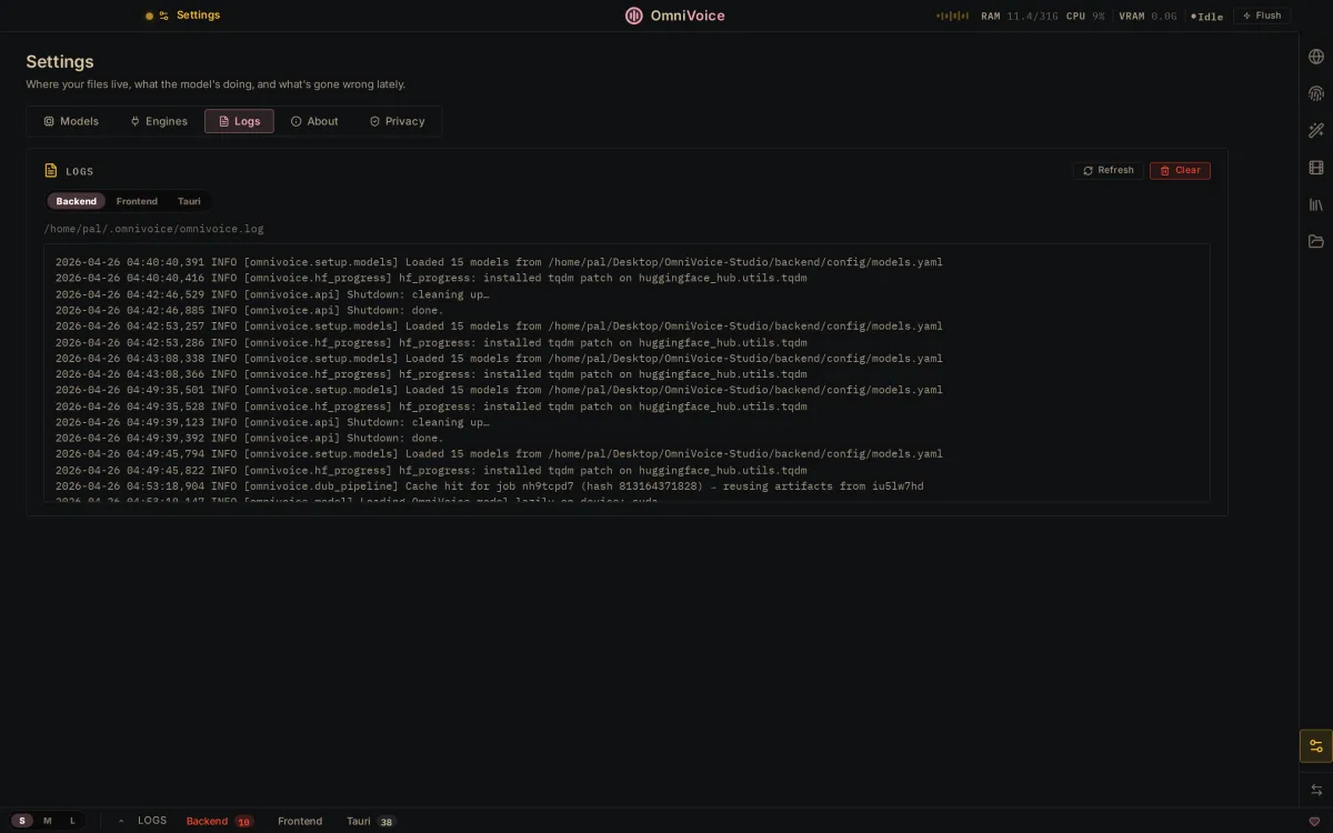 The Logs console streaming model load and synthesis events.