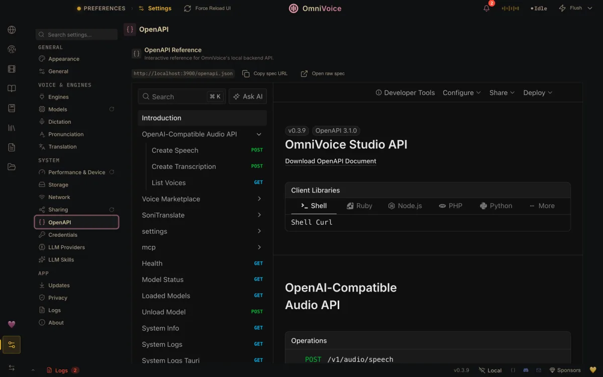 The OpenAPI reference for the local OpenAI-compatible audio API, with client library snippets.