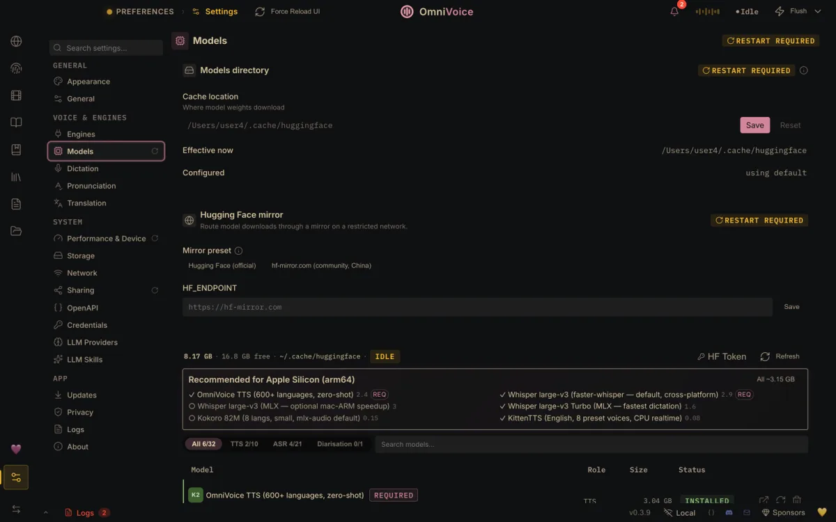 The Settings screen with the models directory, cache location, and Hugging Face mirror configuration.