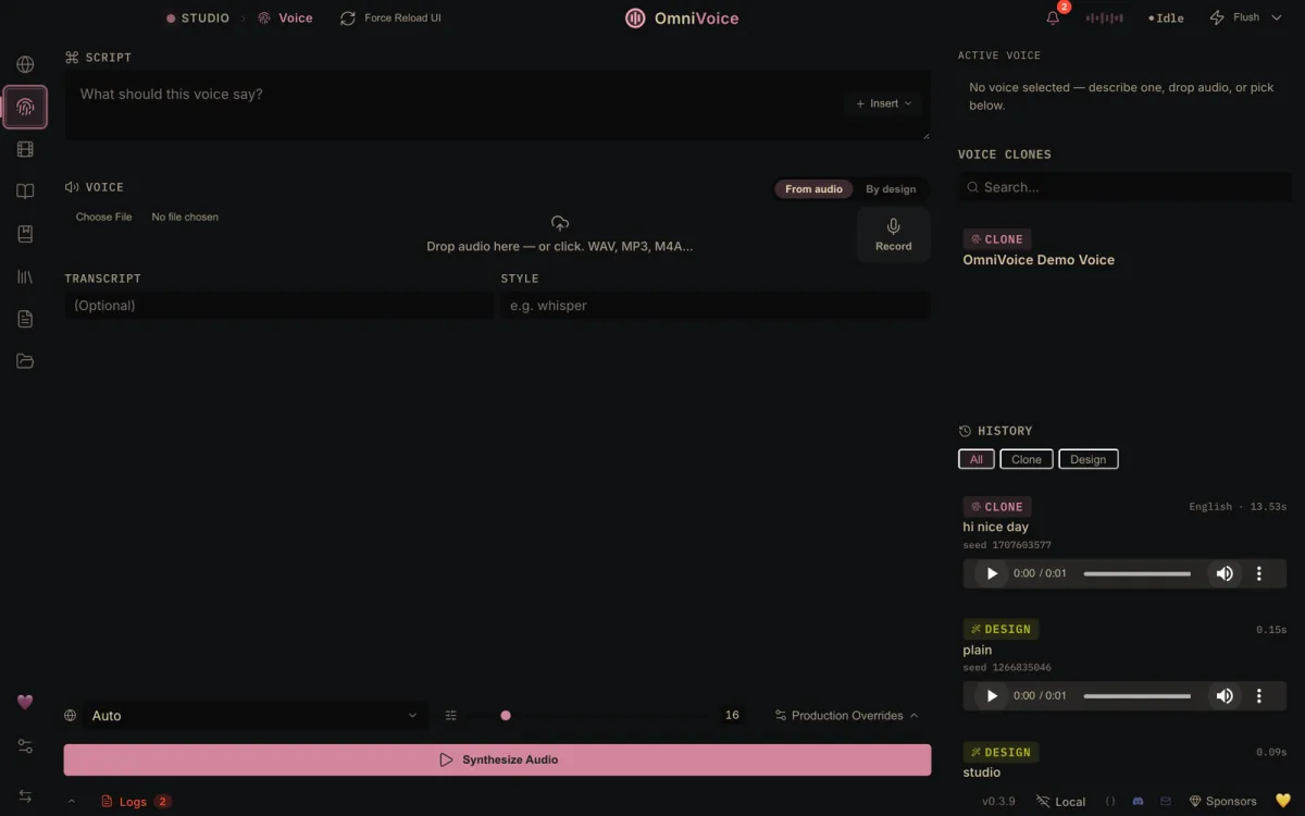 The Studio workspace with a script editor, style controls, and a synthesize audio action.