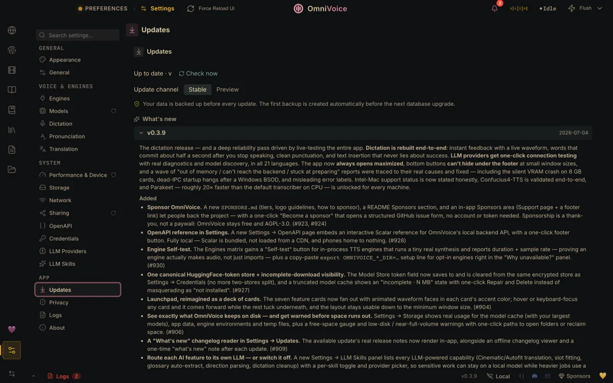 The Updates screen showing the in-app changelog and current release.